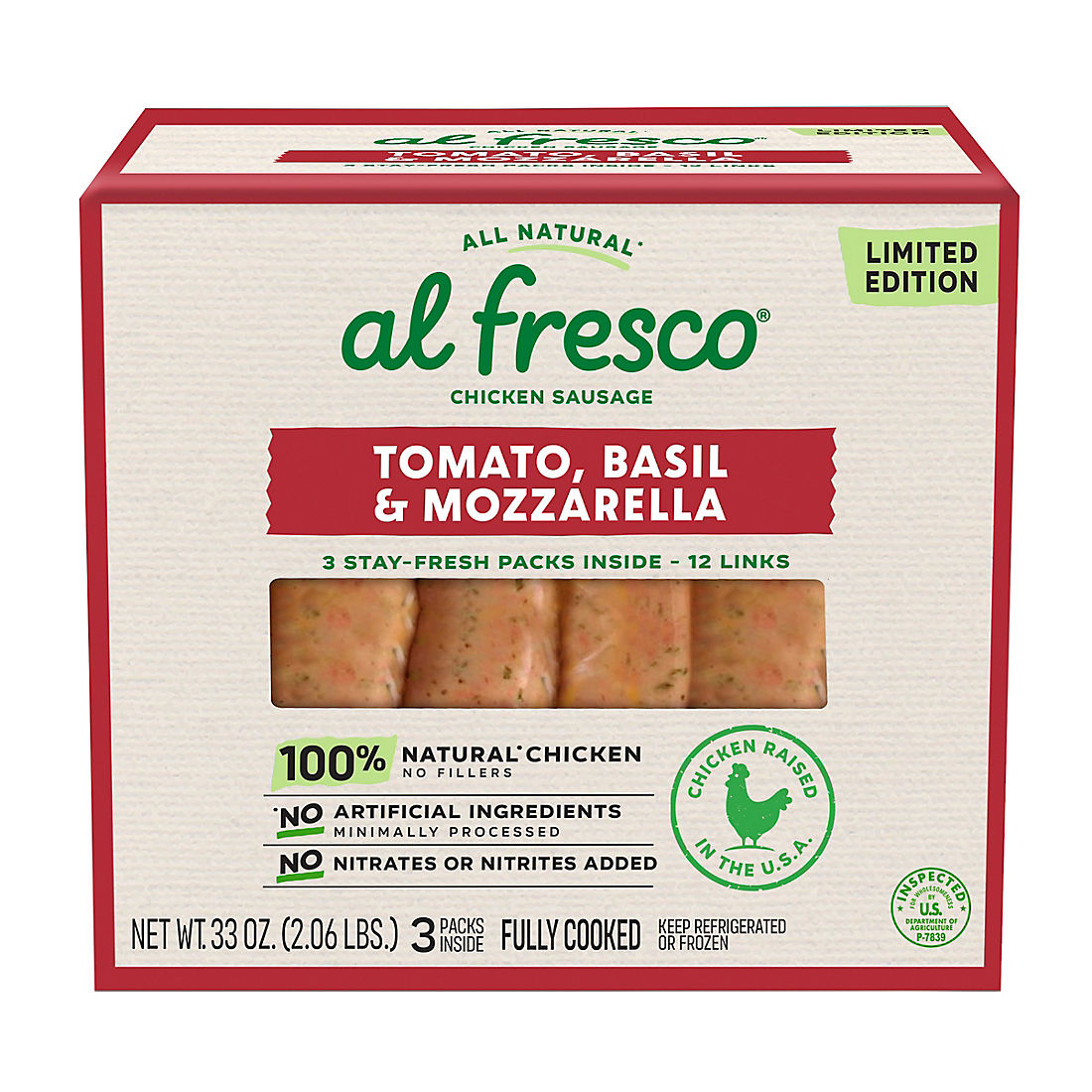 Al Fresco Tomato, Basil & Mozzarella Chicken Sausage, 2.1 lbs.
