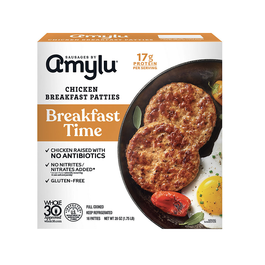 Amylu Foods Breakfast Time Chicken Breakfast Patties, Fully Cooked, Heat And Serve, 17g Protein, 28 oz.