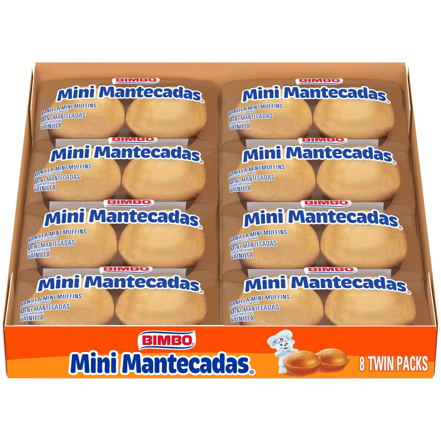 Bimbo Mini Mantecadas Vanilla Muffins, 8 twin packs, Mini Muffins, 17.64 oz Tray