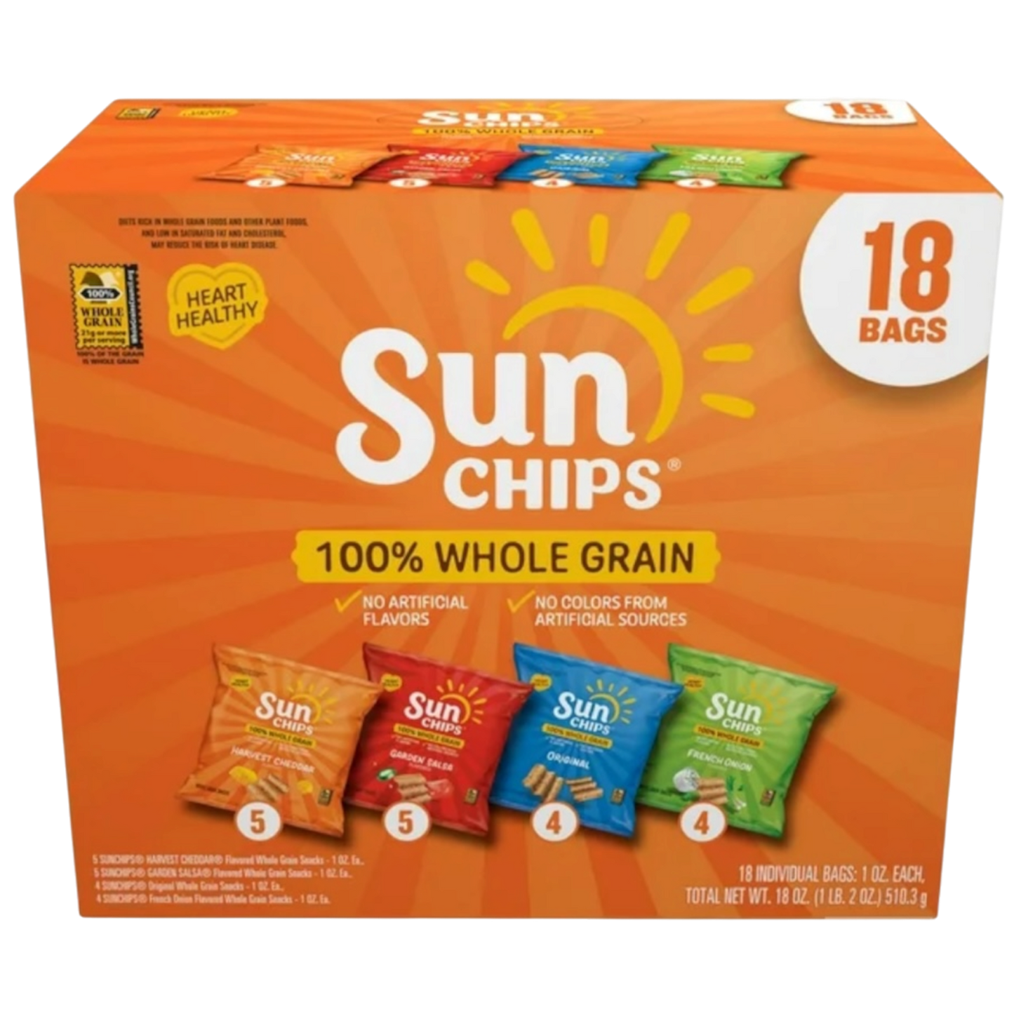 SunChips 100% Whole Grain Snacks, 4 Flavor Variety Pack, 1 oz, 18 Count 1.2 LBS