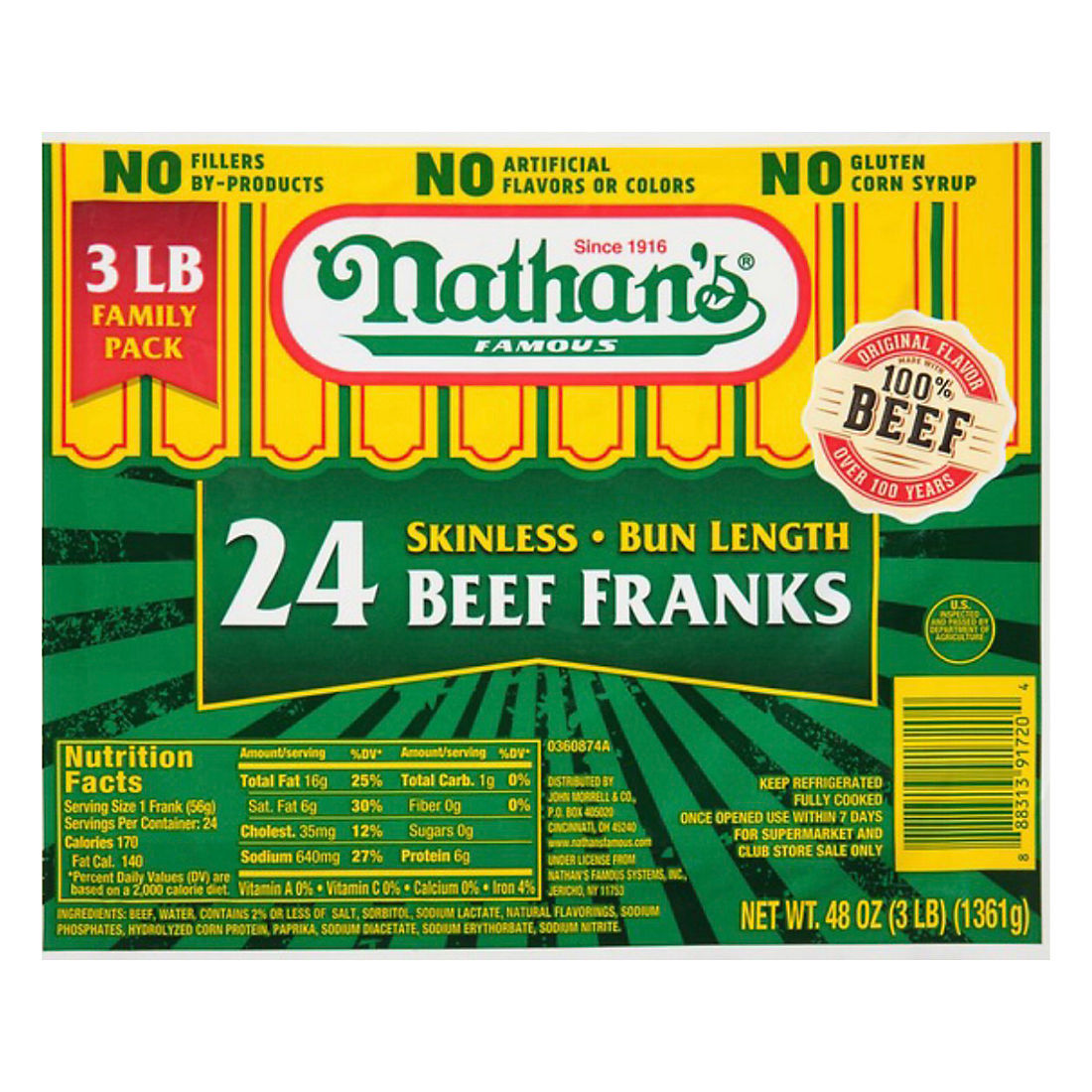 Nathan's Famous Skinless All Beef Hot Dogs, Bun Length, 24 ct.3 LBS