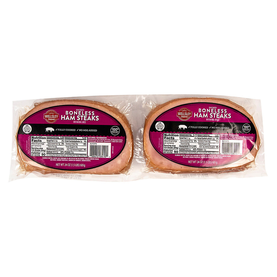 Wellsley Farms Fully Cooked Boneless Ham Steaks, 3 LBS