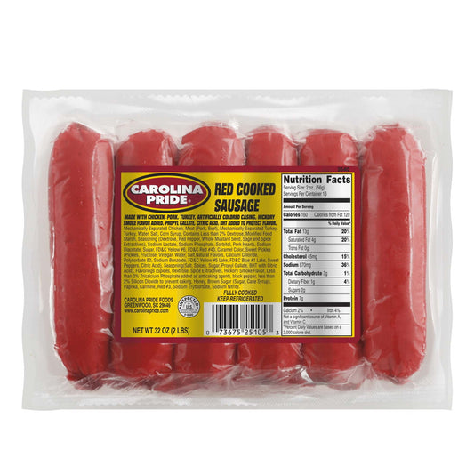 Carolina Pride Red Cooked Sausage, Fully Cooked Refrigerated Sausage Links, 2 LB, 16 Servings