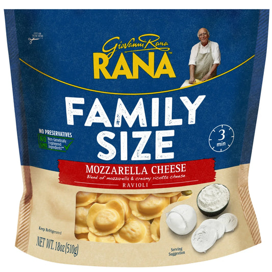 Giovanni Rana Ravioli Mozzarella Cheese Filled Italian Pasta Bag (Family Size, 18oz, Fresh), Refrigerated W