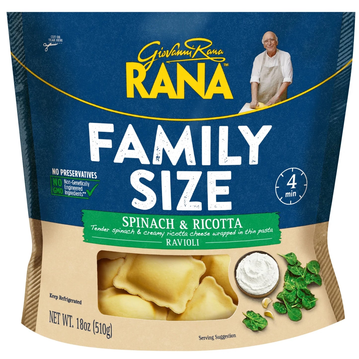 Giovanni Rana Ravioli Spinach Ricotta Premium Filled Pasta Bag (Family Size, 18oz), Refrigerated W