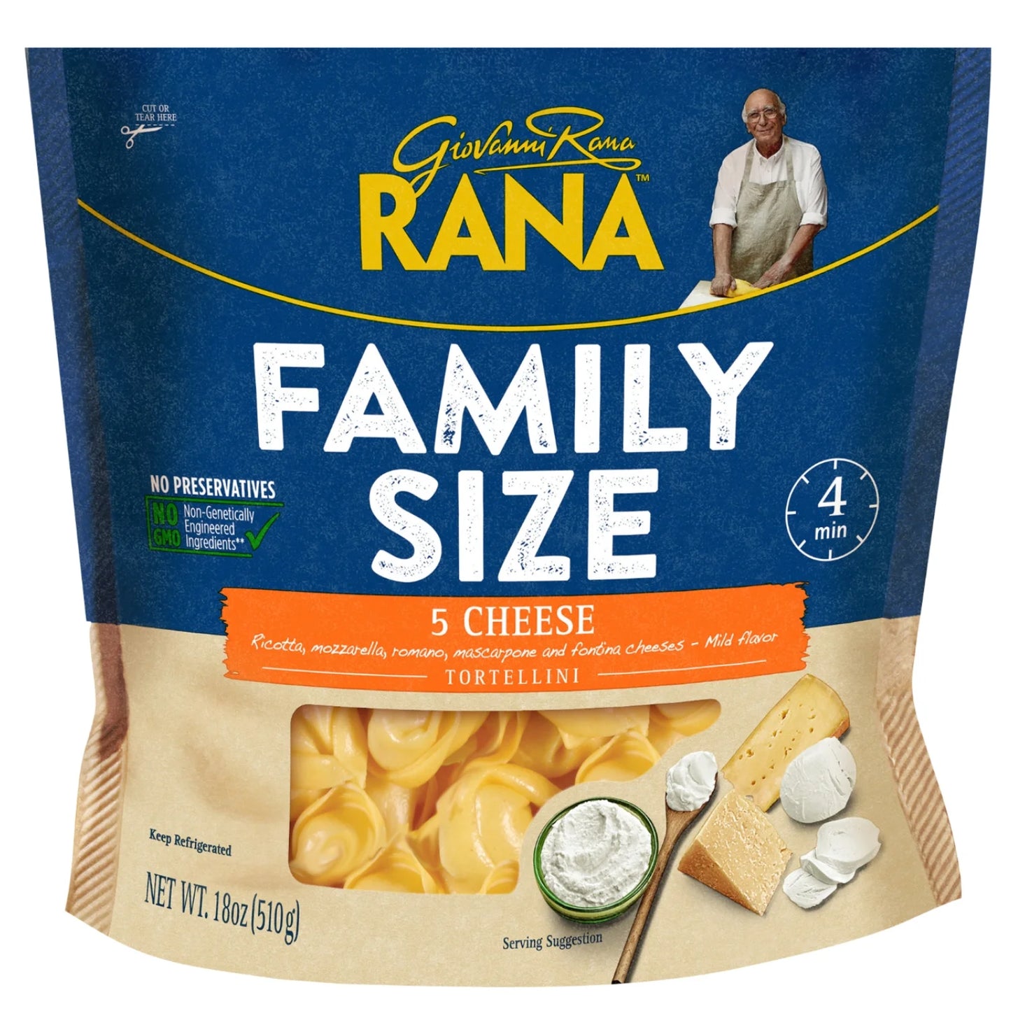 Giovanni Rana Tortellini 5 Cheese Premium Flat Cut Pasta Bag (Family Size, 18oz), Refrigerated W