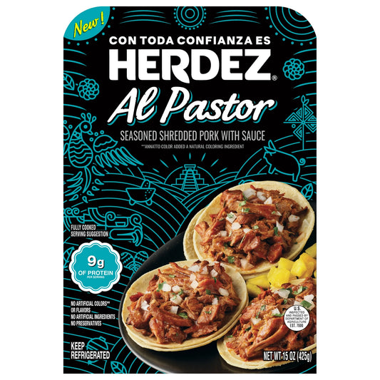 HERDEZ Al Pastor Slow Roasted Seasoned Shredded Pork, Microwaveable Entrée, 15 oz Tray