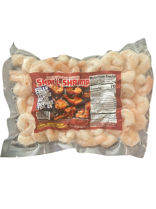 BODEGA'S BEST FULLY COOKED, PEELED, DEVEINED TAIL OFF SMALL SHRIMP.  12 OZ.
