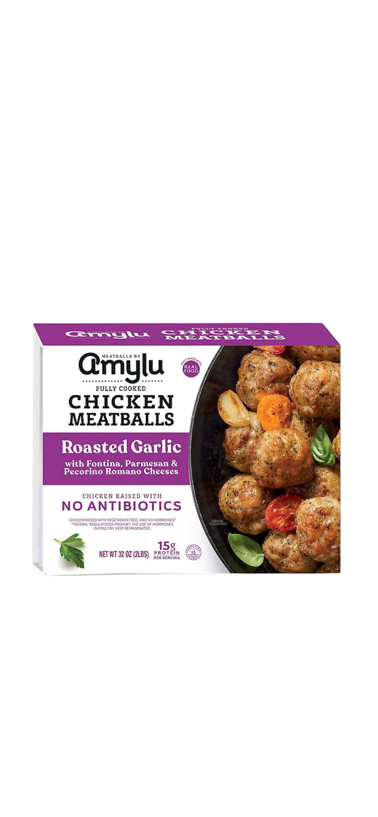 Amylu Roasted Garlic with Fontina, Parmesan & Pecorino Romano Cheese Chicken Meatballs, 2 lbs. B