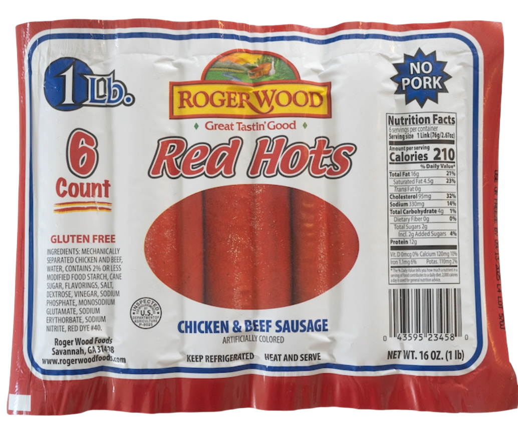 ROGER WOOD FULLY COOKED RED HOT BEEF AND CHICKEN (NO PORK) SAUSAGE 1 LB