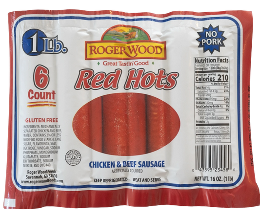 ROGER WOOD FULLY COOKED RED HOT BEEF AND CHICKEN (NO PORK) SAUSAGE 1 LB