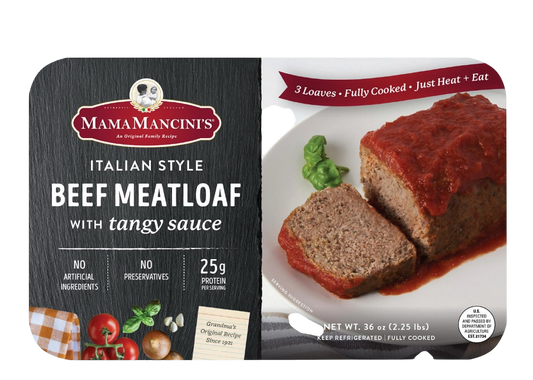 Mama Mancini's Italian Style Beef Meatloaf with Tangy Sauce, 25g Protein, Serves 6, 2.25 lbs.