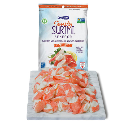 TransOcean Simply Surimi Imitation Crab, Flake Style, 12 oz Plastic Bag, Gluten-Free, Fully Cooked